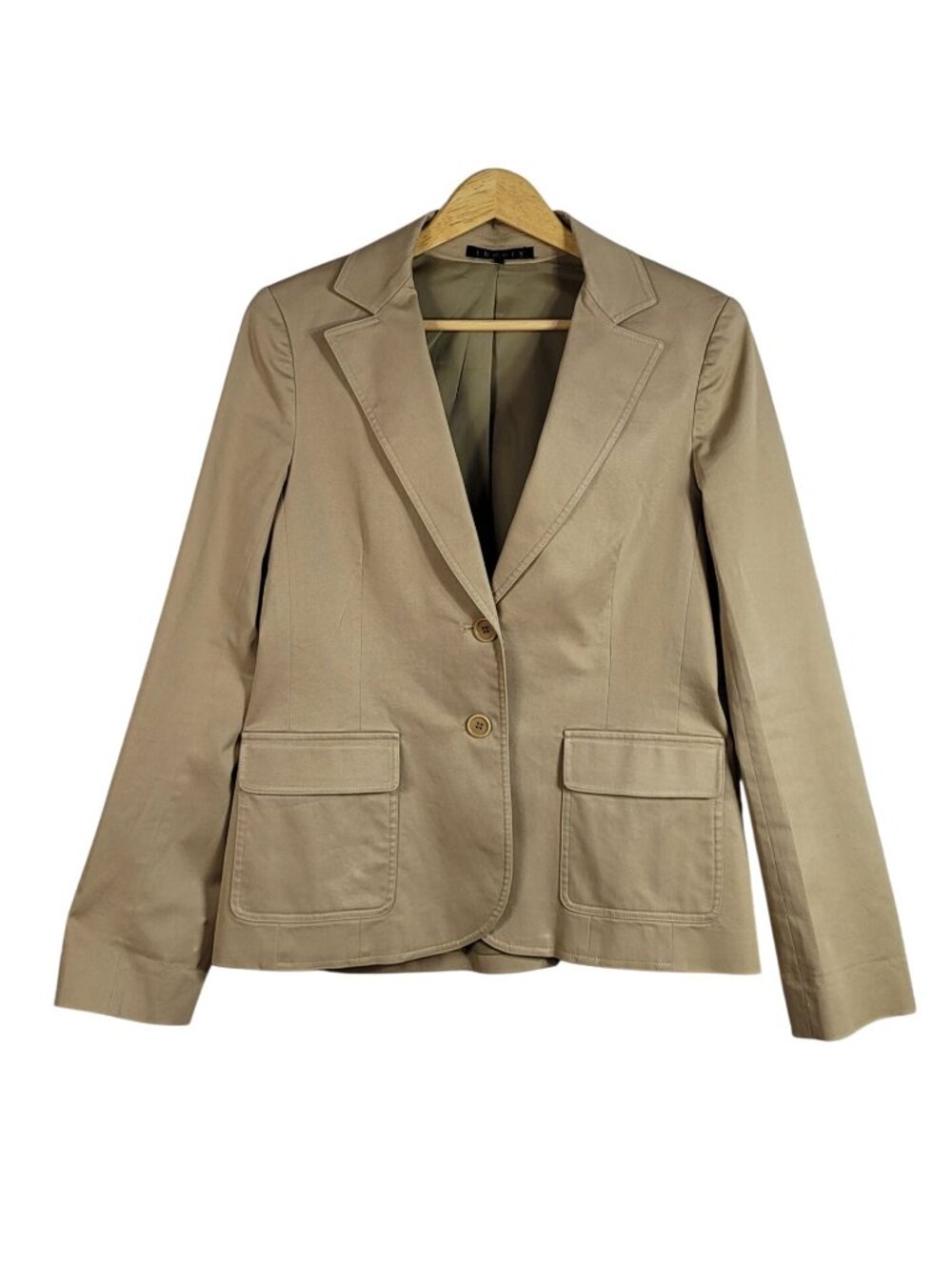 Women Theory Blazer Jacket Medium Khaki 2-Button Cotton Stylish Professional USA
